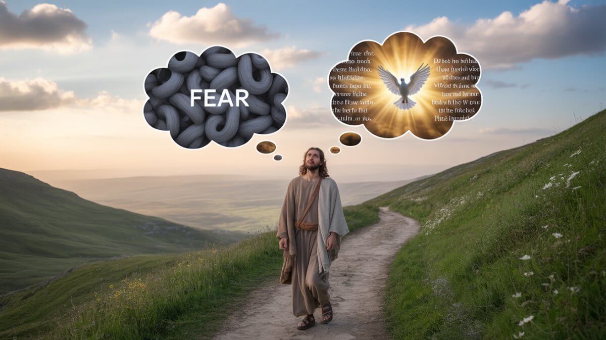 Jesus walking with person showing transformation from worried thoughts to peaceful biblical thinking