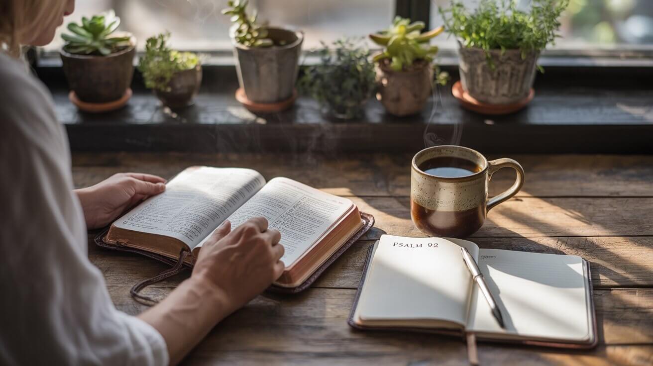 Peaceful morning devotion scene with Bible study for developing godly mindset and thinking patterns
