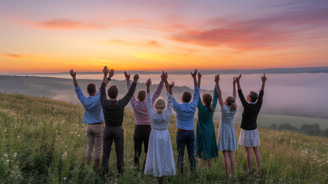Group of people praising God at sunrise showing strength and victory in faith