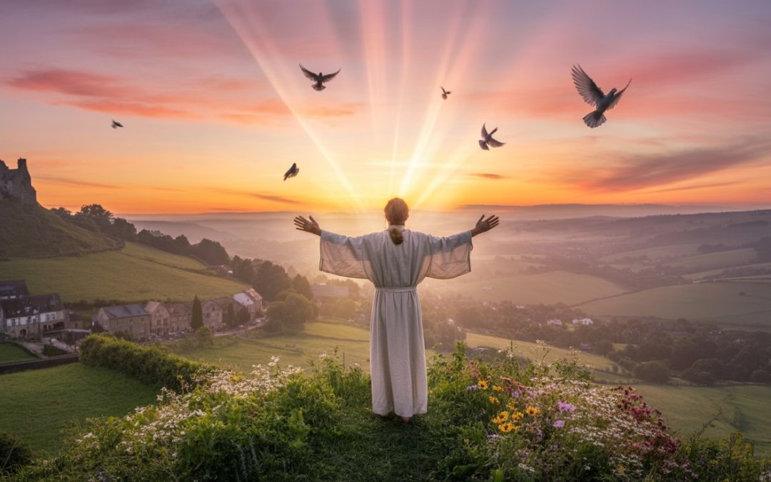 Person with arms raised interceding in prayer as divine light flows toward community below, representing powerful intercessory prayers