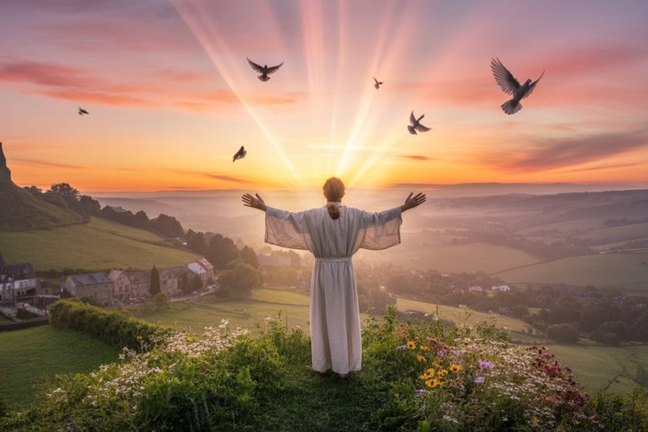 Person with arms raised interceding in prayer as divine light flows toward community below, representing powerful intercessory prayers