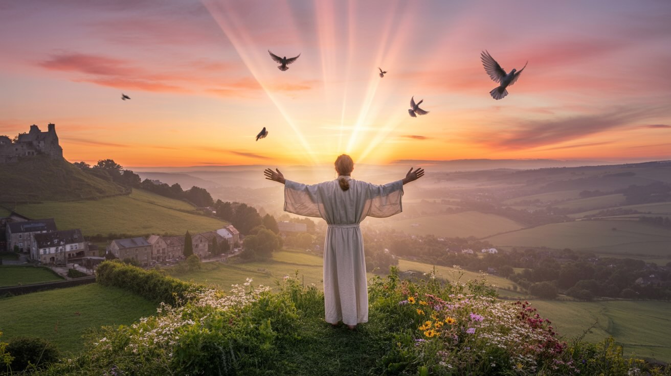 Person with arms raised interceding in prayer as divine light flows toward community below, representing powerful intercessory prayers