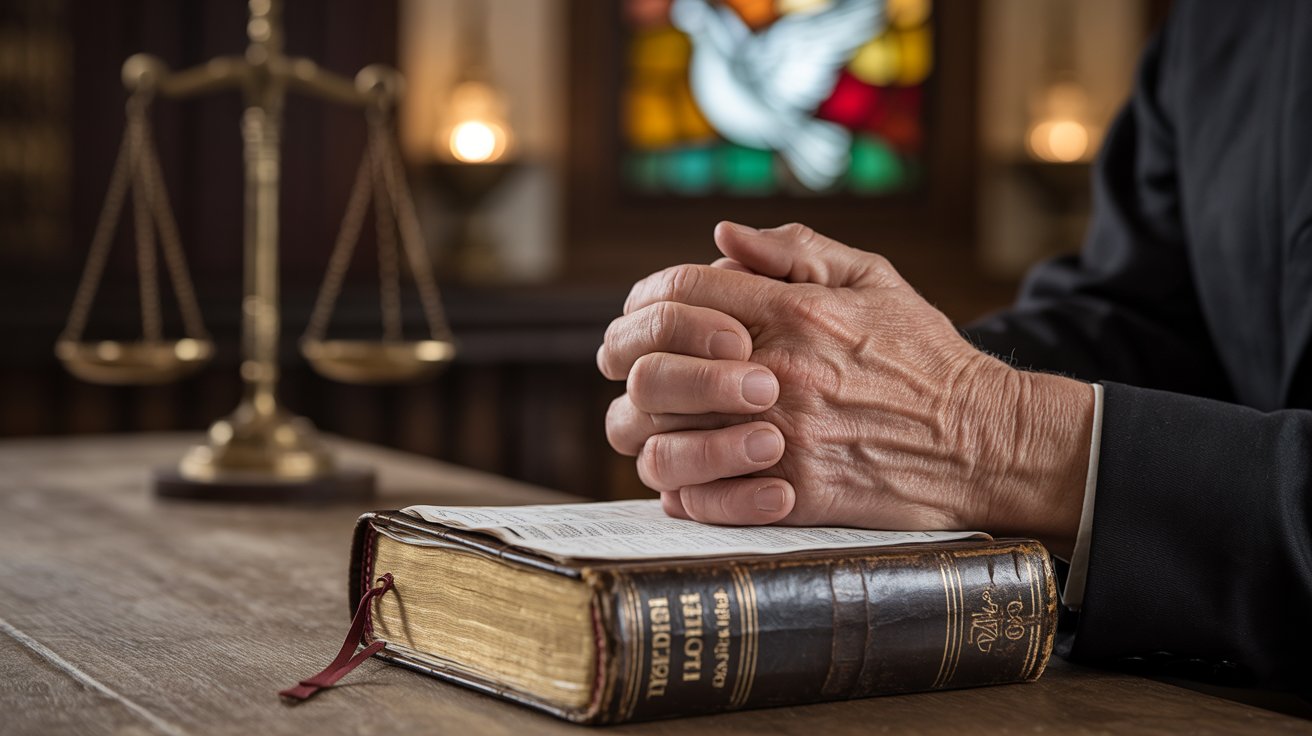 Powerful prayer with Bible and scales of justice representing divine intervention