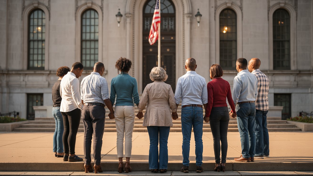Community prayer circle for court case outside courthouse showing unity and faith