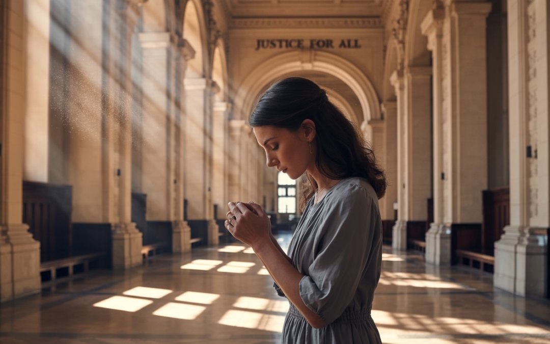 Person praying for court case with divine light in courthouse