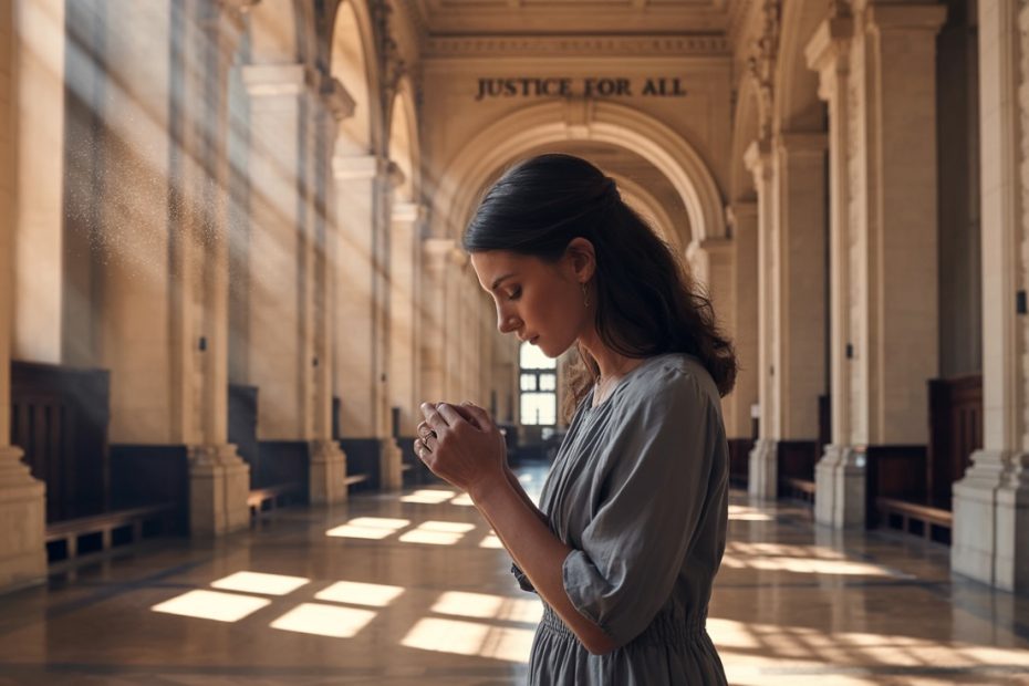Person praying for court case with divine light in courthouse
