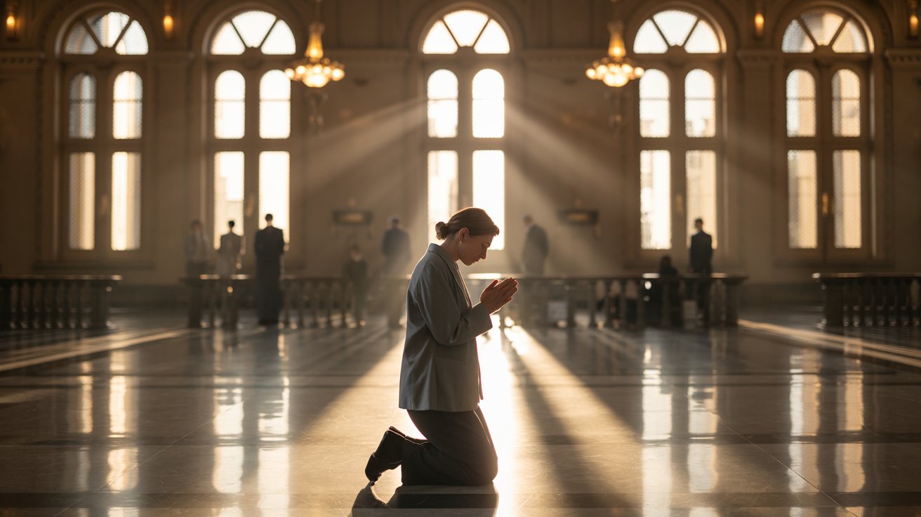 A lady praying for court case with divine light in courthouse