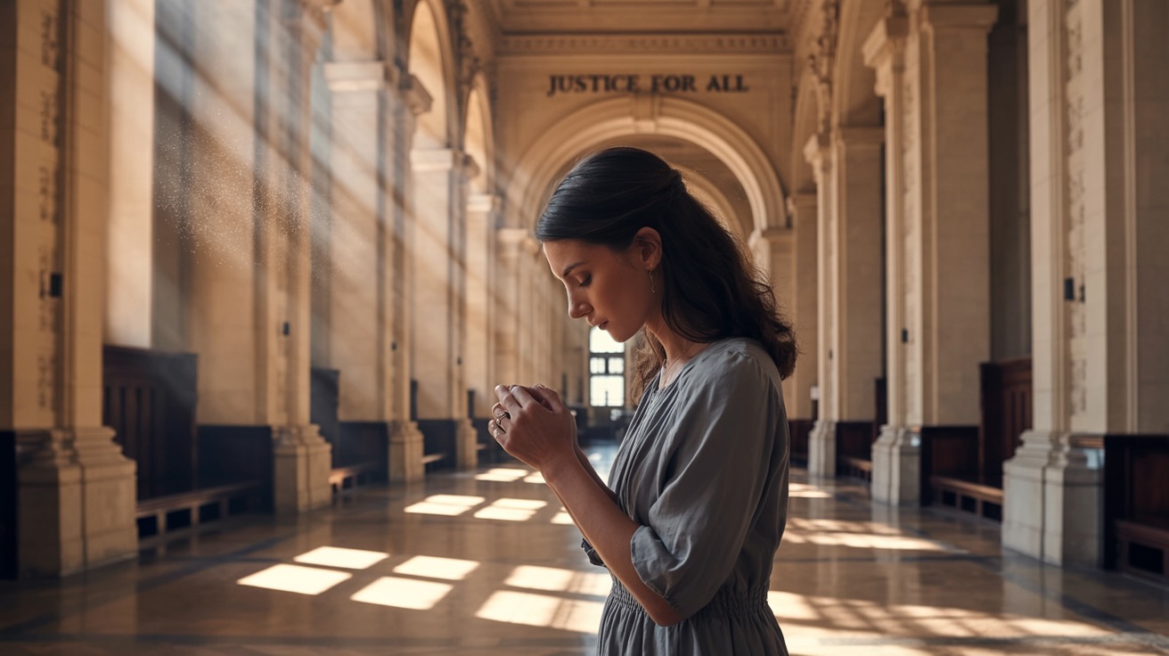 Person praying for court case with divine light in courthouse