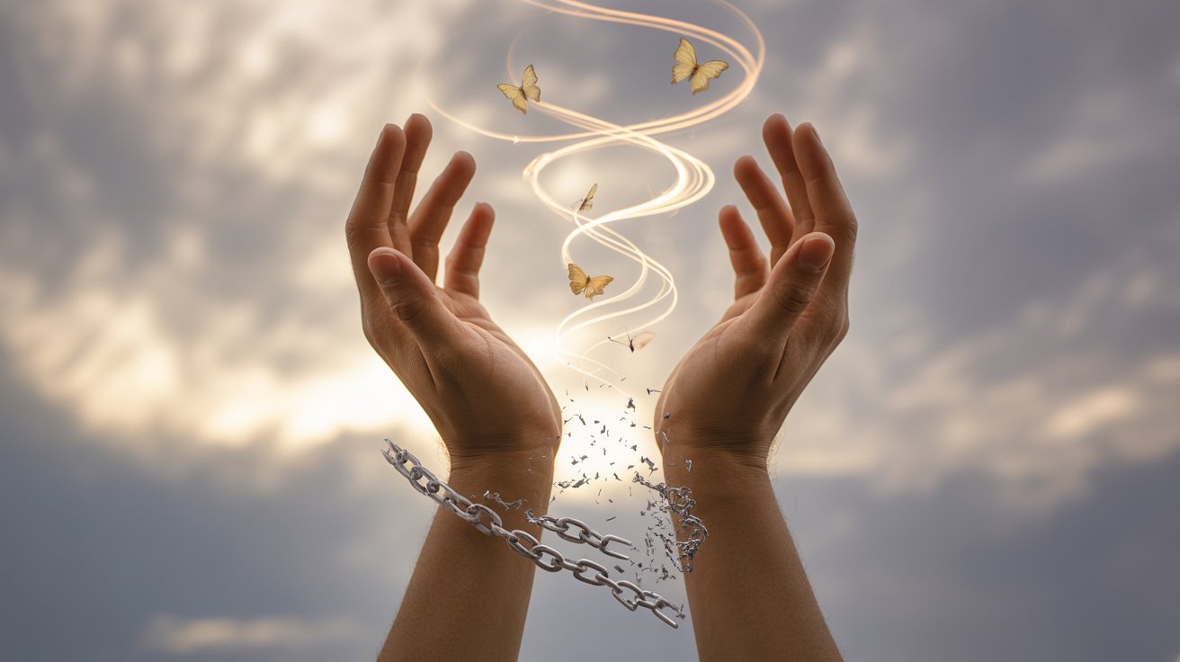 Hands in prayer with light transforming chains into butterflies