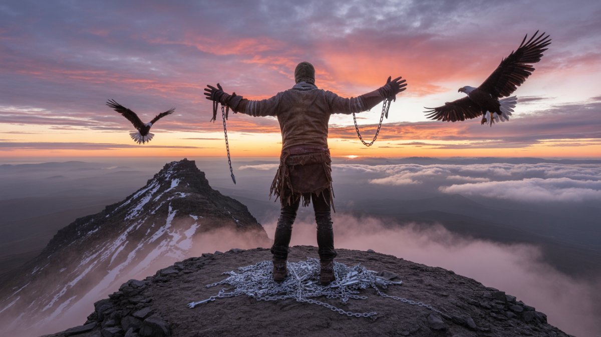 Person celebrating spiritual victory on mountain peak at sunrise