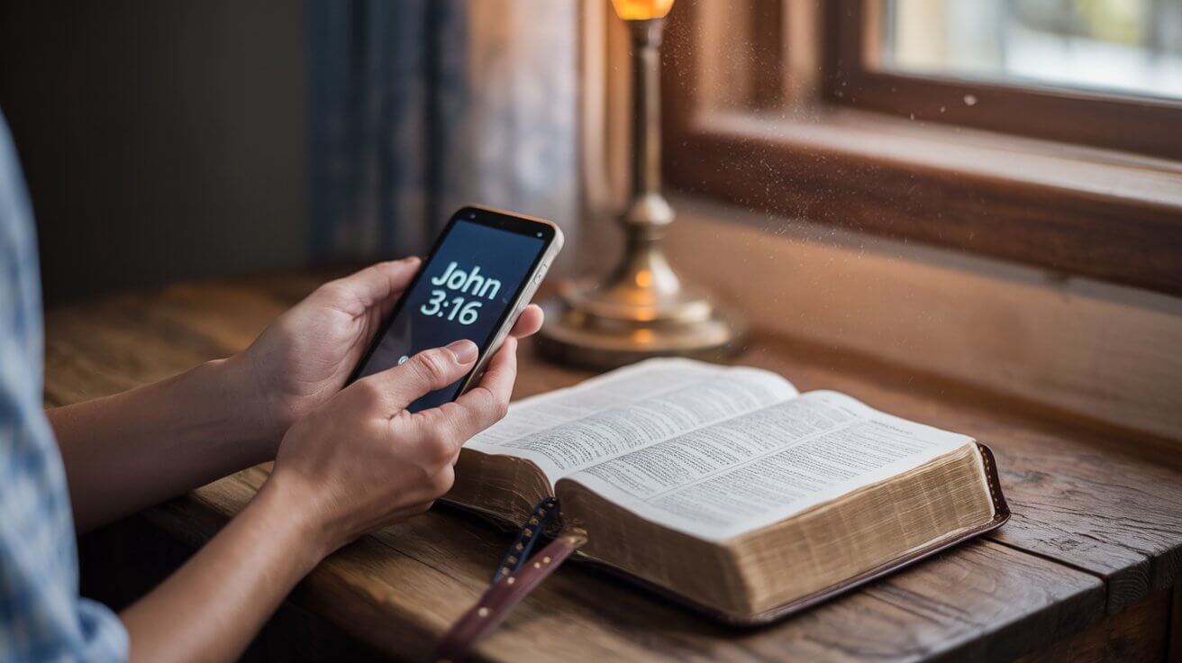 Person adding bible verse to social media bio with bible nearby