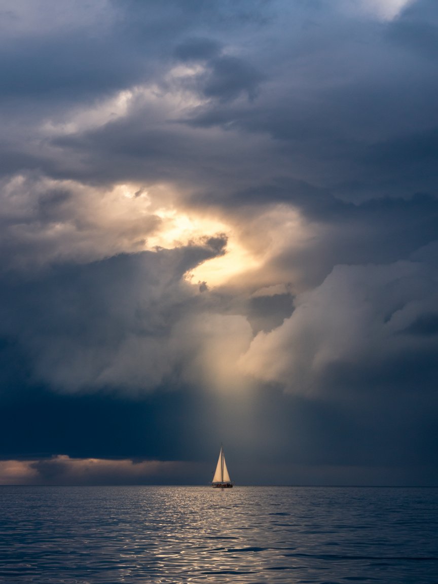 Dramatic stormy sky with a single ray of golden sunlight breaking through dark clouds, symbolizing hope in difficult times