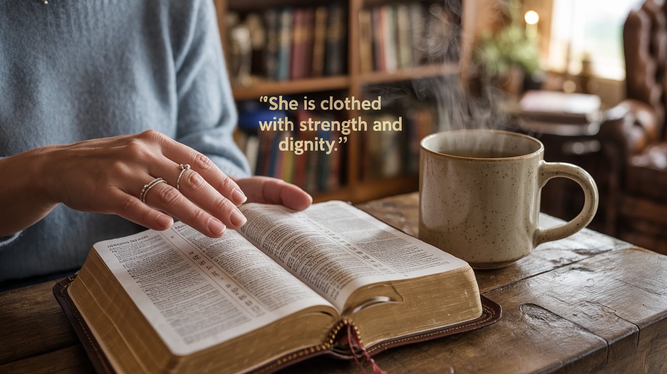 Open Bible showing Proverbs 31:25 with highlighted text and herbal tea