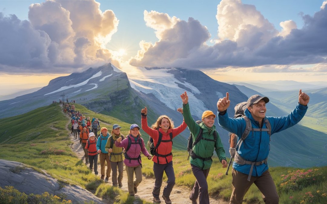 Inspirational image of people climbing mountain with divine light representing Bible scriptures about not giving up