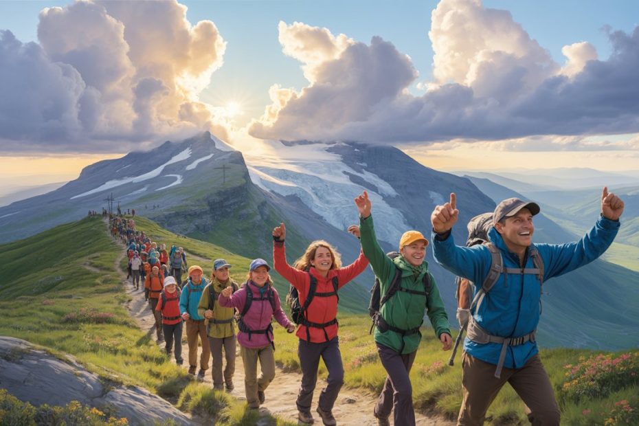 Inspirational image of people climbing mountain with divine light representing Bible scriptures about not giving up