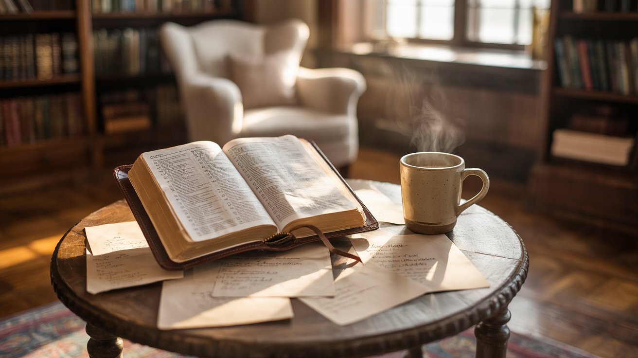 Peaceful Bible study setup with open scriptures about not giving up and coffee
