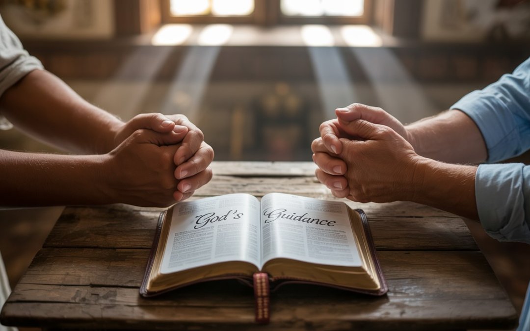 Hands joined in prayer around open Bible representing biblical prayers about supporting the pastor's vision