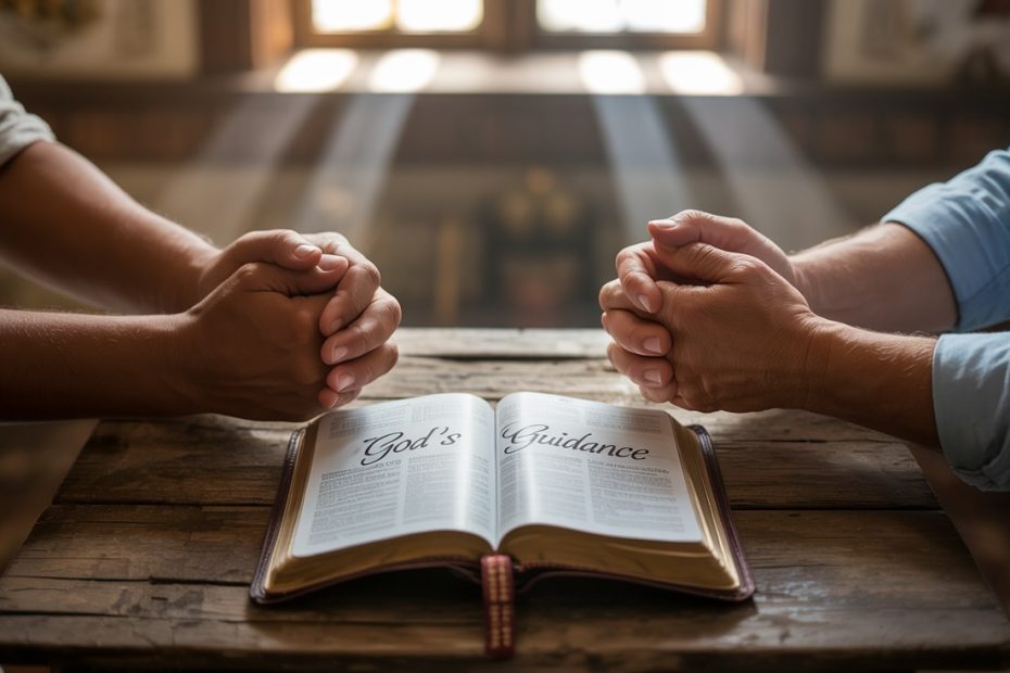 Hands joined in prayer around open Bible representing biblical prayers about supporting the pastor's vision