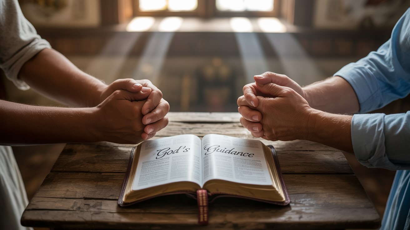 Hands joined in prayer around open Bible representing biblical prayers about supporting the pastor's vision