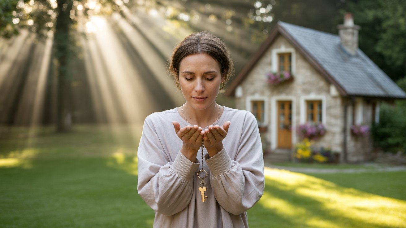 Person holding house keys with divine light blessing from above
