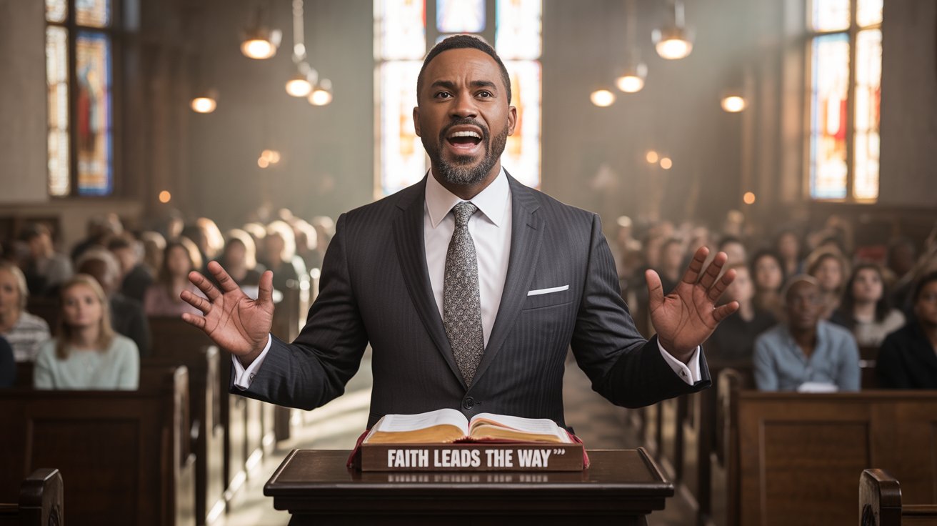Confident pastor boldly sharing God's vision with supportive church congregation