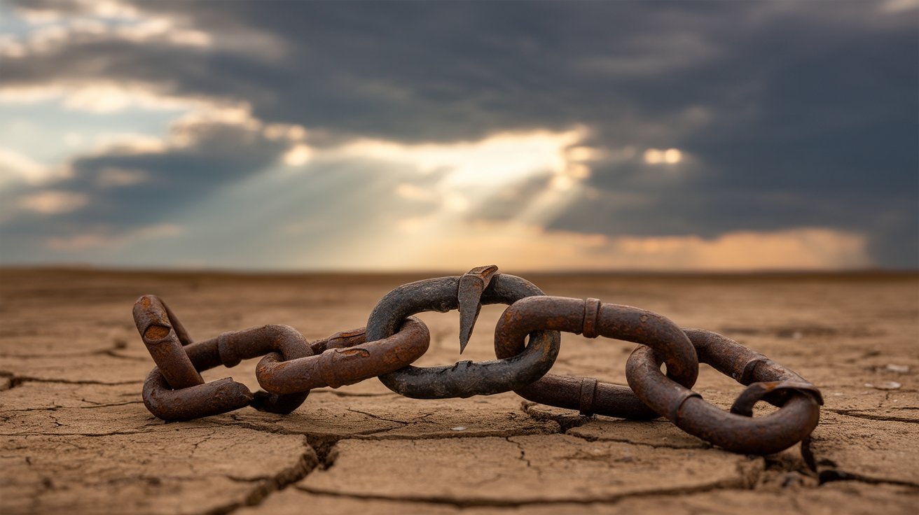 Broken chains with sunlight breaking through clouds representing freedom from spiritual barriers