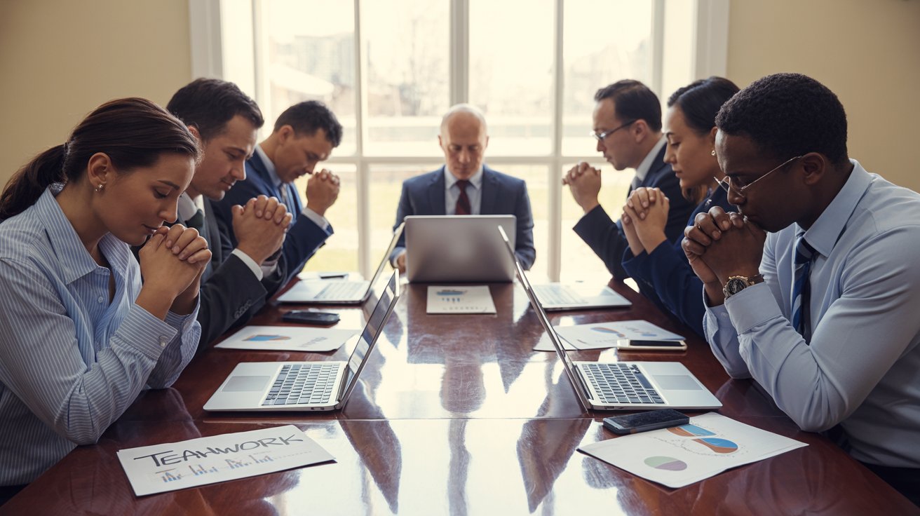 Business team praying together in conference room for divine guidance