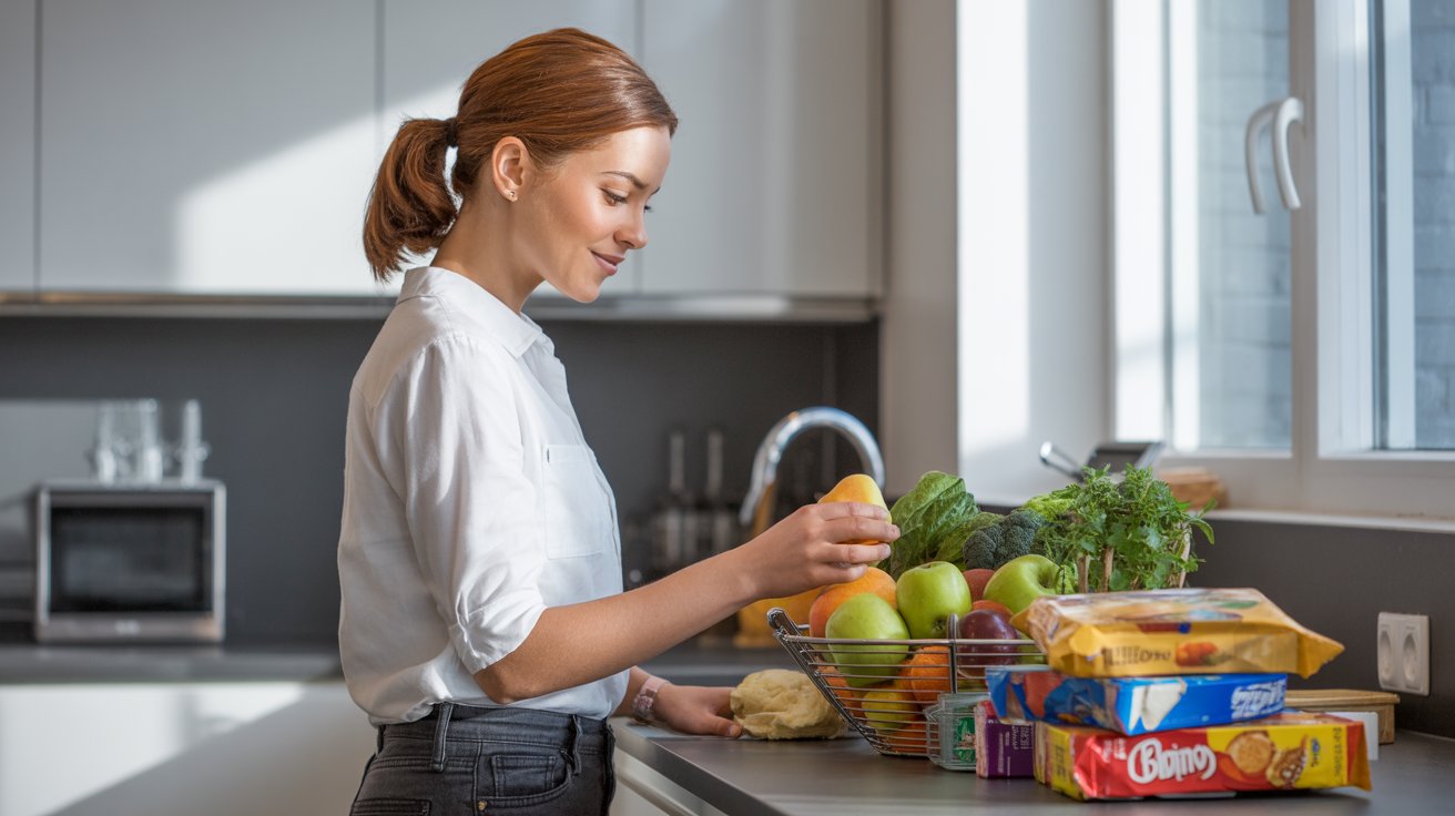 Person making healthy food choices despite temptation in kitchen