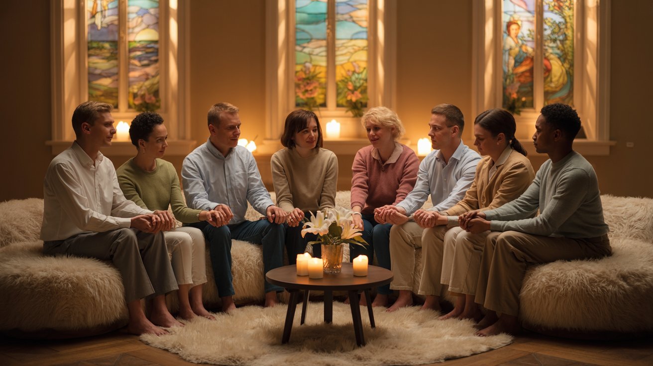 Diverse prayer circle showing community support for kidney disease healing