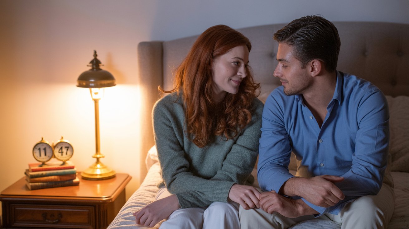 Married couple having peaceful late night conversation about forgiveness and reconciliation