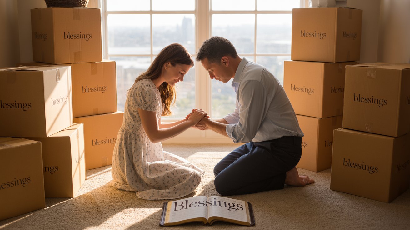 Couple praying together while moving, surrounded by boxes in new home