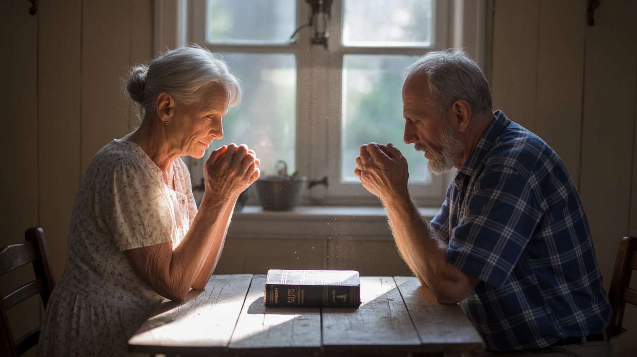 Married couple praying together for their relationship and seeking God's guidance in marriage