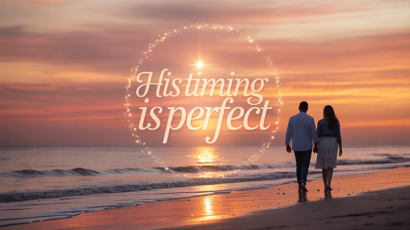 Couple walking into sunset representing God's perfect timing for love