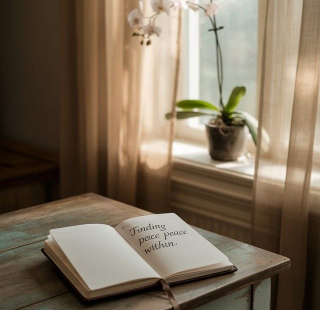 A peaceful prayer room at dawn, journal open on a wooden desk, soft light filtering through sheer curtains, creating an intimate atmosphere