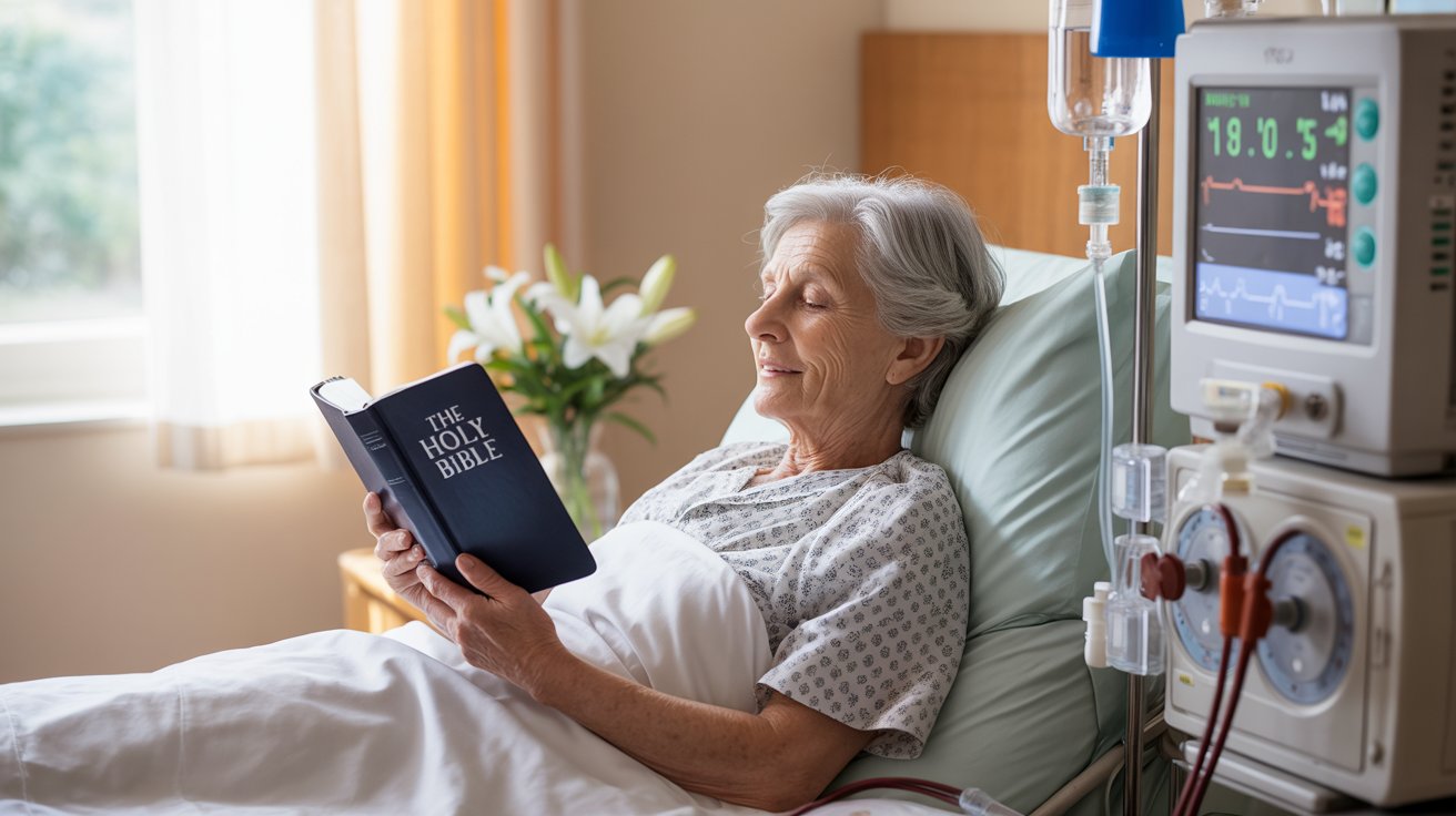 Patient praying peacefully during dialysis treatment showing faith and healing