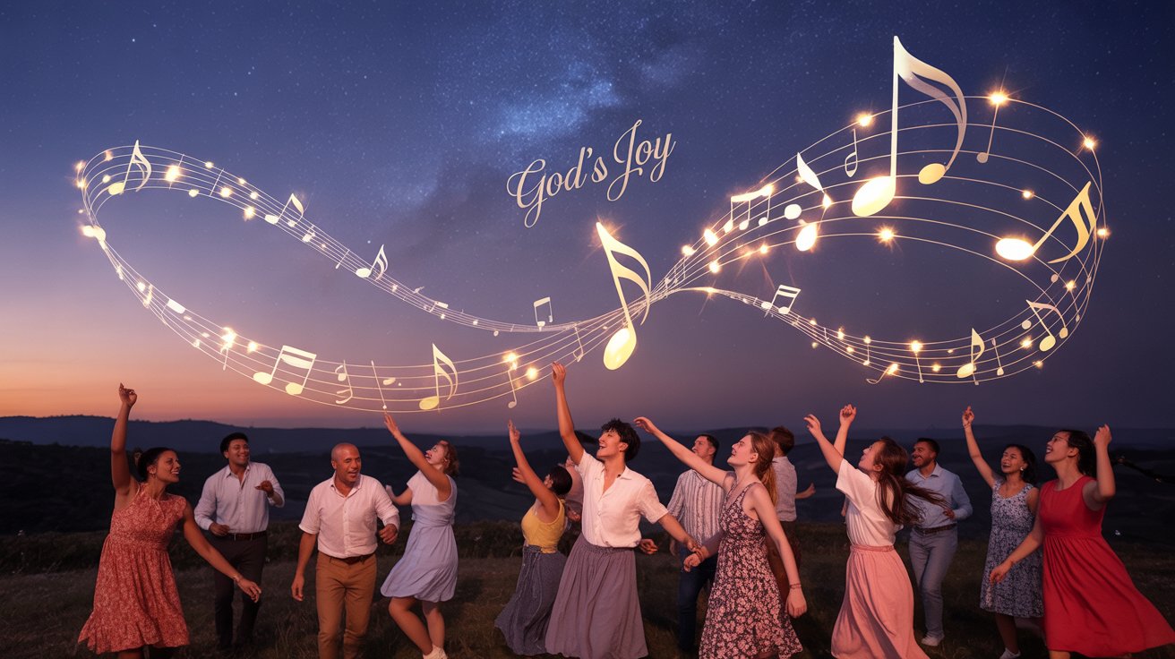 Joyful celebration representing God rejoicing over His people from Zephaniah 3:17