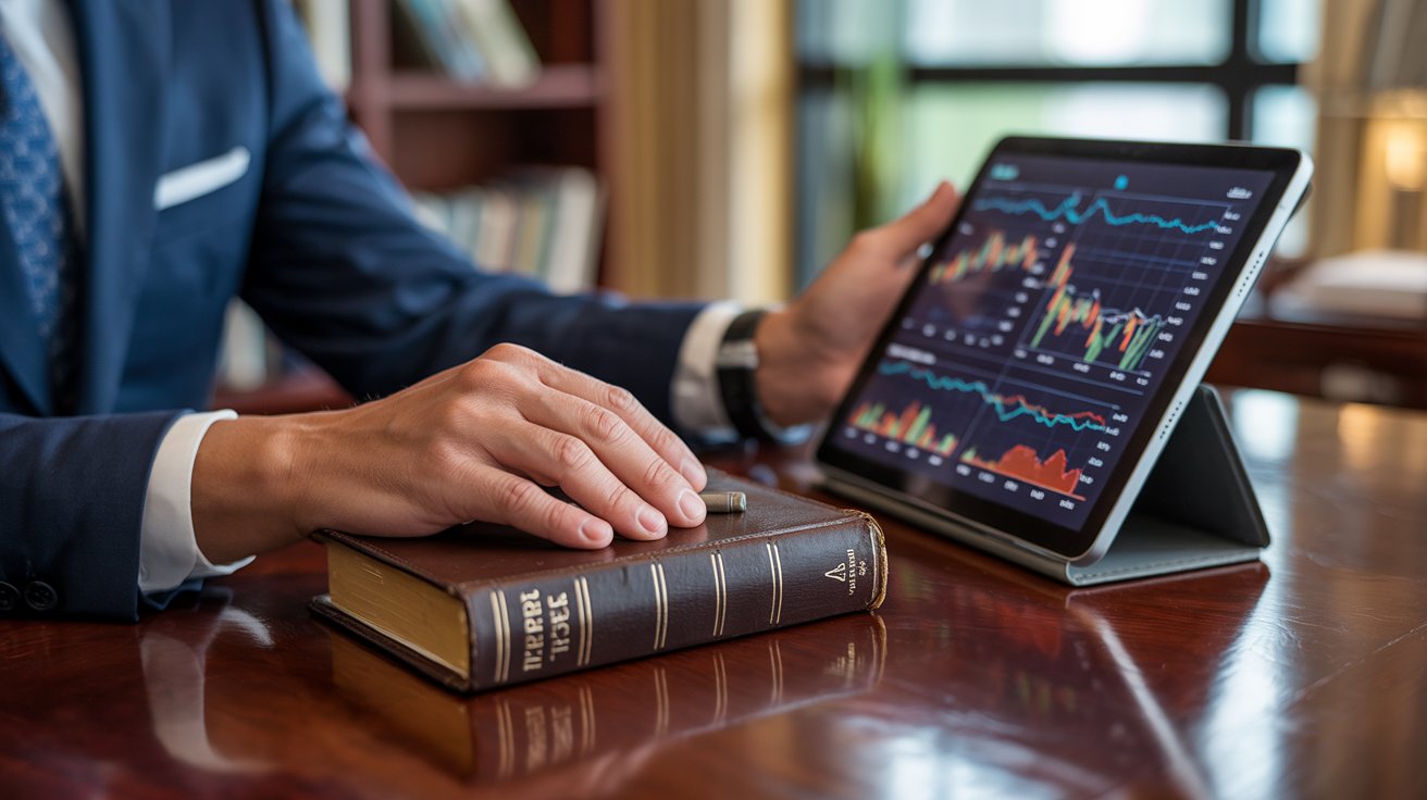 Business owner combining prayer and data analysis for wise decision making
