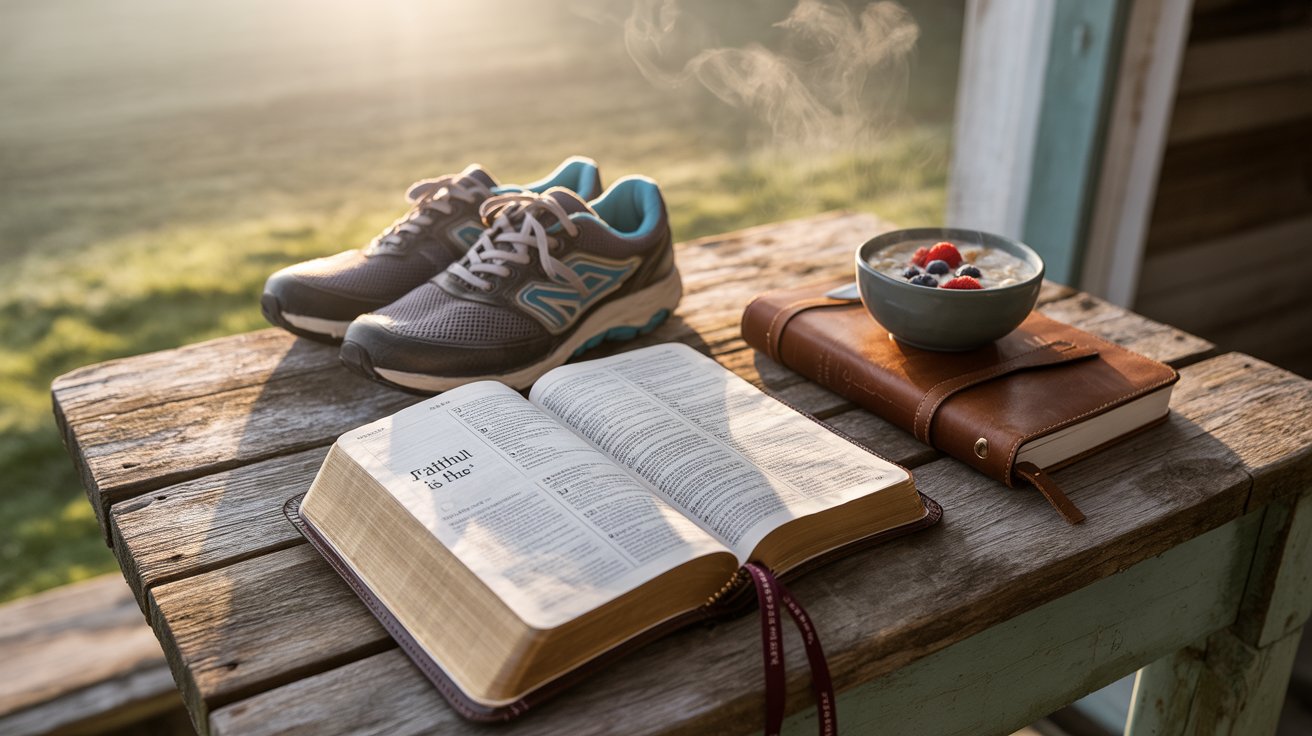 Morning setup showing Bible, healthy food, and exercise gear for faith-based wellness