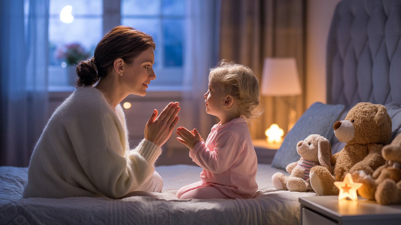 Parent and child praying together against bad dreams at bedtime