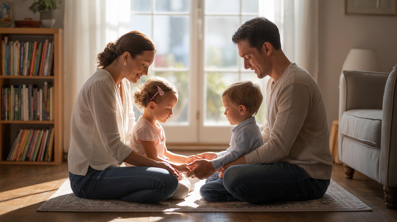 Family holding hands in prayer circle with warm natural light and unity