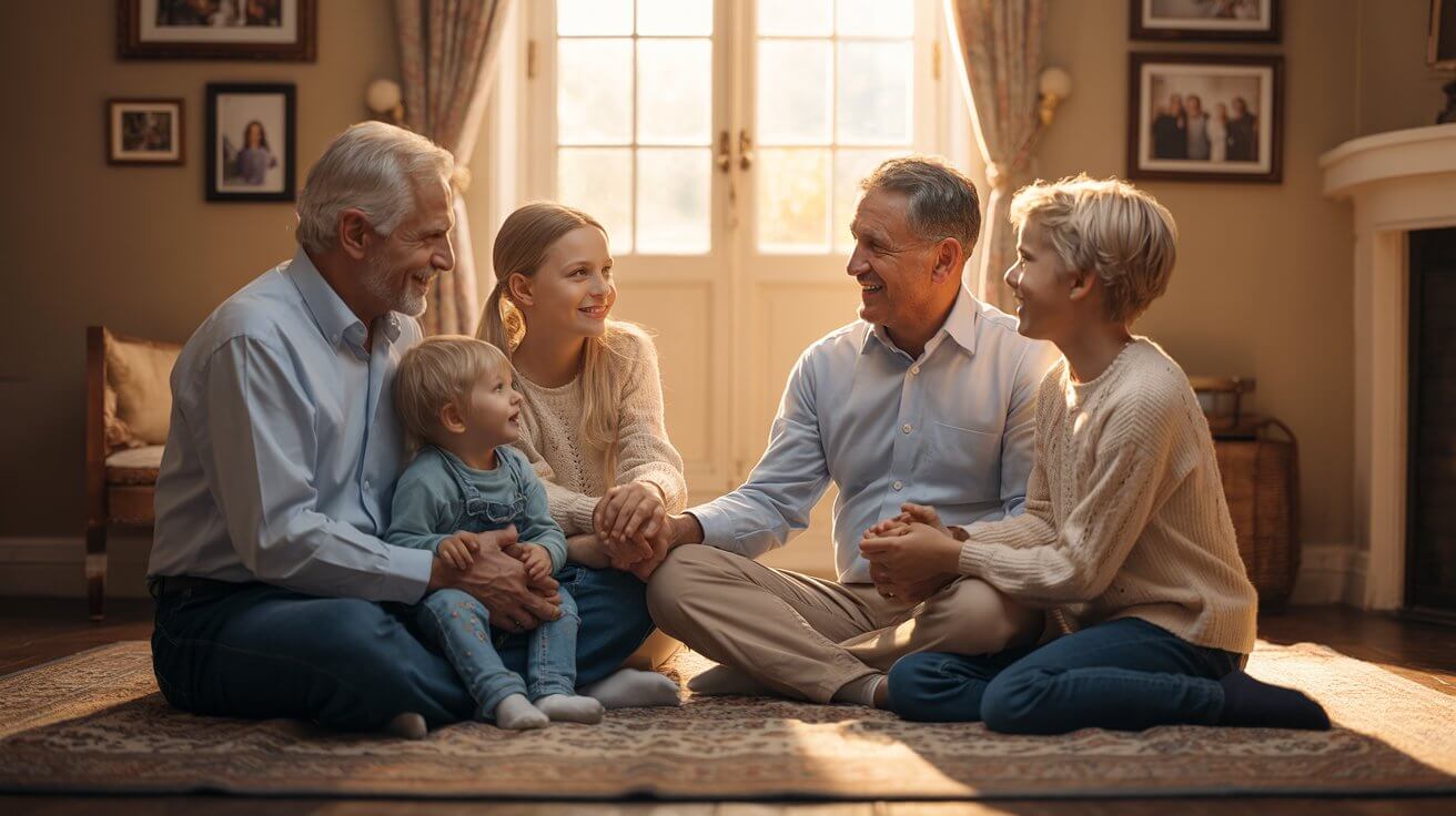 Multi-generational family joining hands in prayer showing unity and love