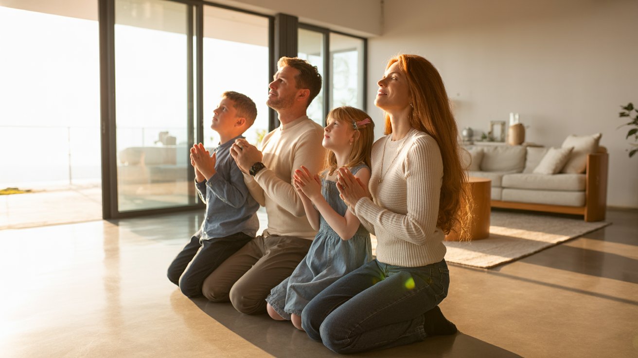 Family praying together in their new home living room