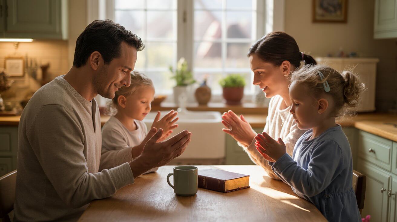 Family praying together for anointing each room of their home