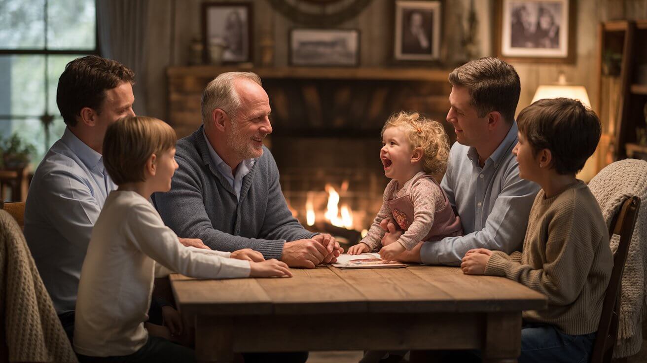 Multi-generational family gathered around father showing love and unity