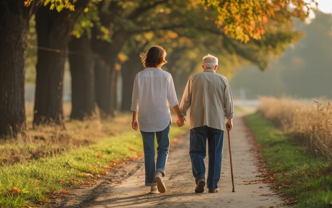 Father and adult child walking together representing healing journey and prayers for dad's health