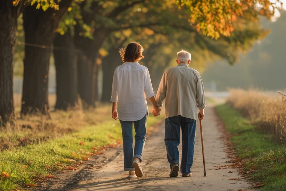 Father and adult child walking together representing healing journey and prayers for dad's health