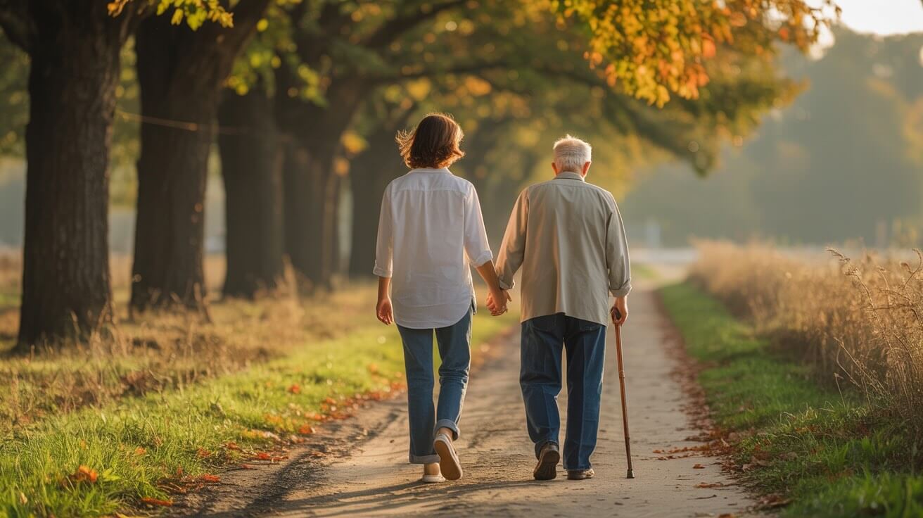 Father and adult child walking together representing healing journey and prayers for dad's health