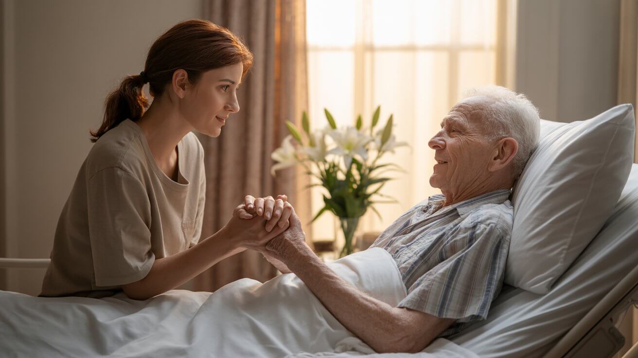 Adult child holding father's hand in hospital showing love and prayer support