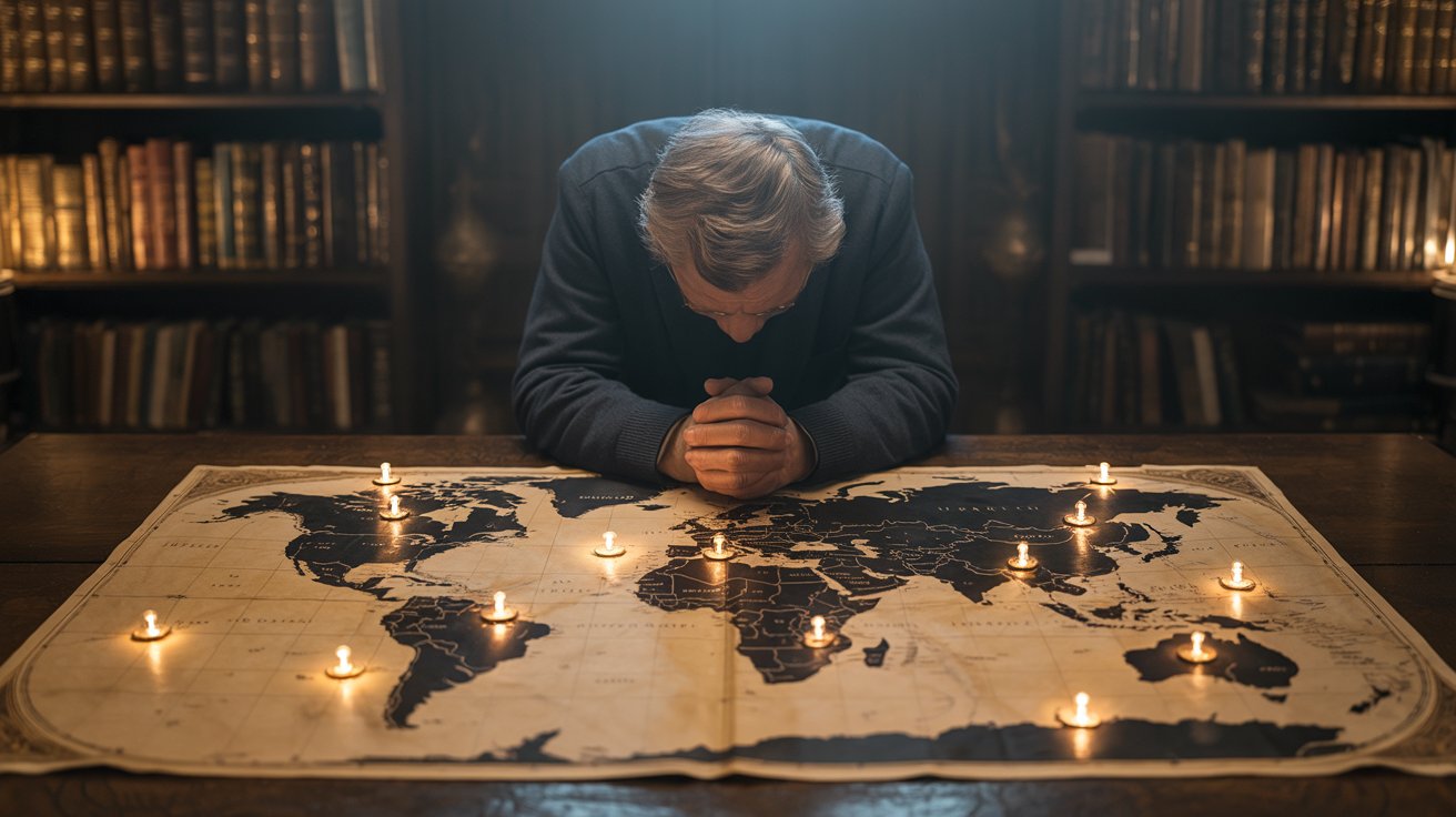 Person praying over world map with glowing lights representing global intercession