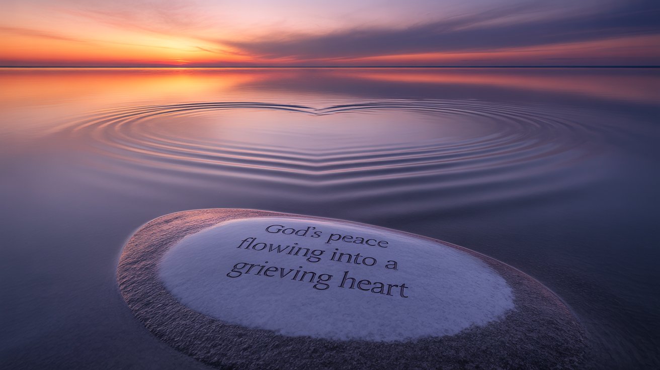 Still water reflecting sky with heart-shaped ripples representing God's peace in grief